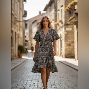 Max Studio Black Floral V-Neck Ruffle Midi Dress